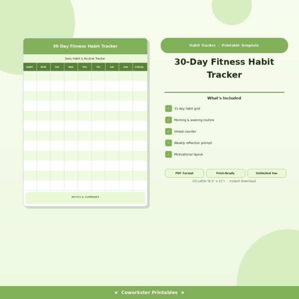30-Day Fitness Habit Tracker | Printable Workout Log PDF