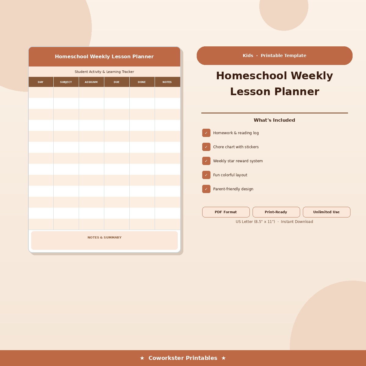 Homeschool Weekly Lesson Planner