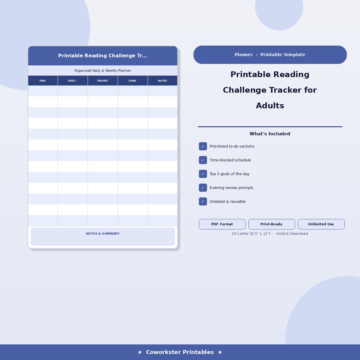 Printable Reading Challenge Tracker for Adults