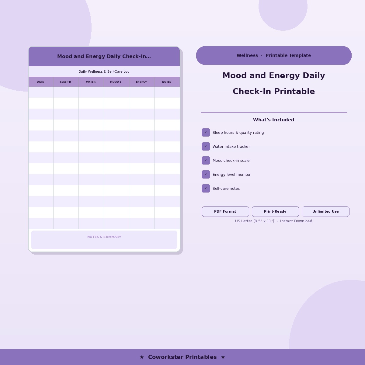 Mood and Energy Daily Check-In Printable