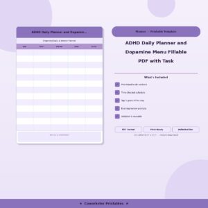 ADHD Daily Planner and Dopamine Menu Fillable PDF with Task Paralysis Breaker and Energy Tracker
