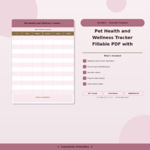 Pet Health and Wellness Tracker Fillable PDF with Vaccination Log, Vet Visit History and Daily Care Journal
