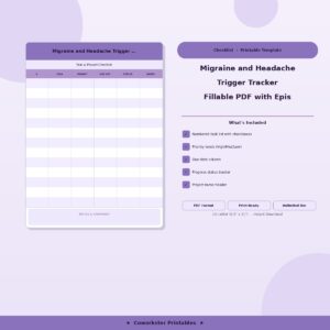 Migraine and Headache Trigger Tracker Fillable PDF with Episode Log, Medication Tracker and Monthly Pattern Summary