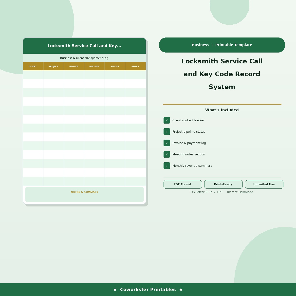 Locksmith Service Call and Key Code Record System