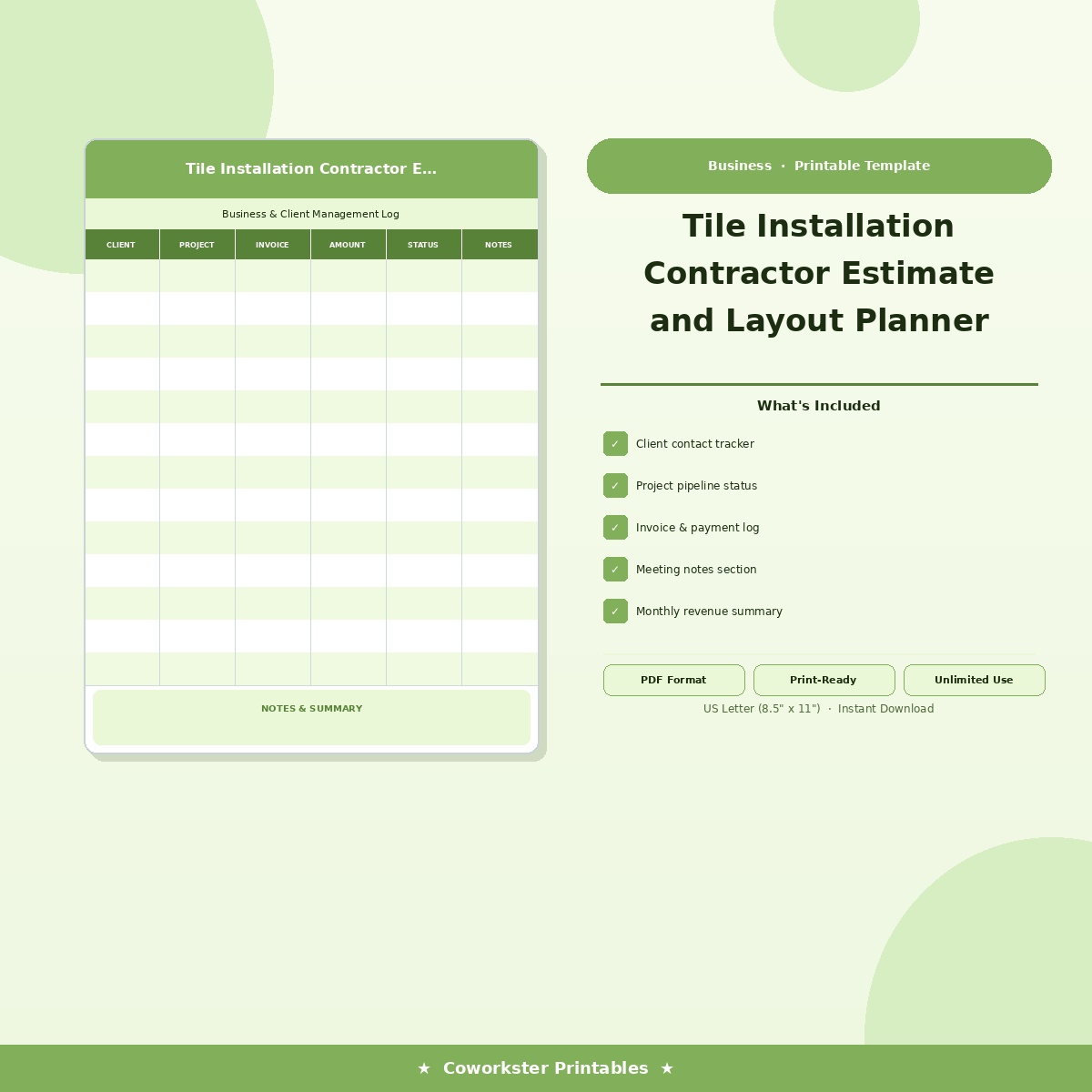 Tile Installation Contractor Estimate and Layout Planner