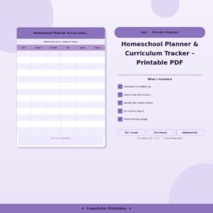 Homeschool Planner & Curriculum Tracker – Printable PDF | Lesson Plans, Attendance Log & Progress Report