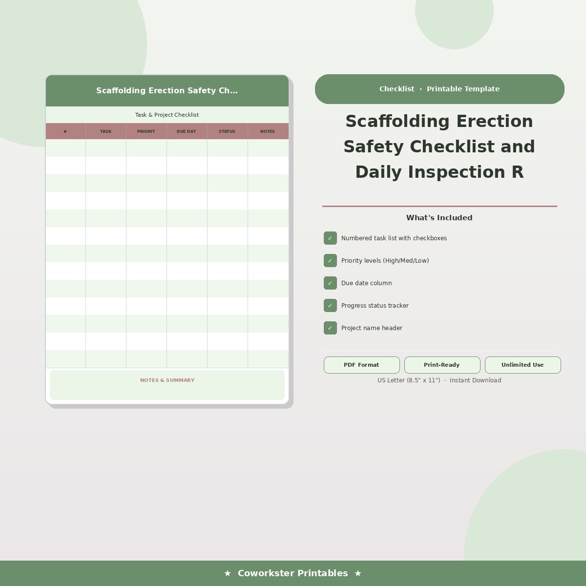Scaffolding Erection Safety Checklist and Daily Inspection Record
