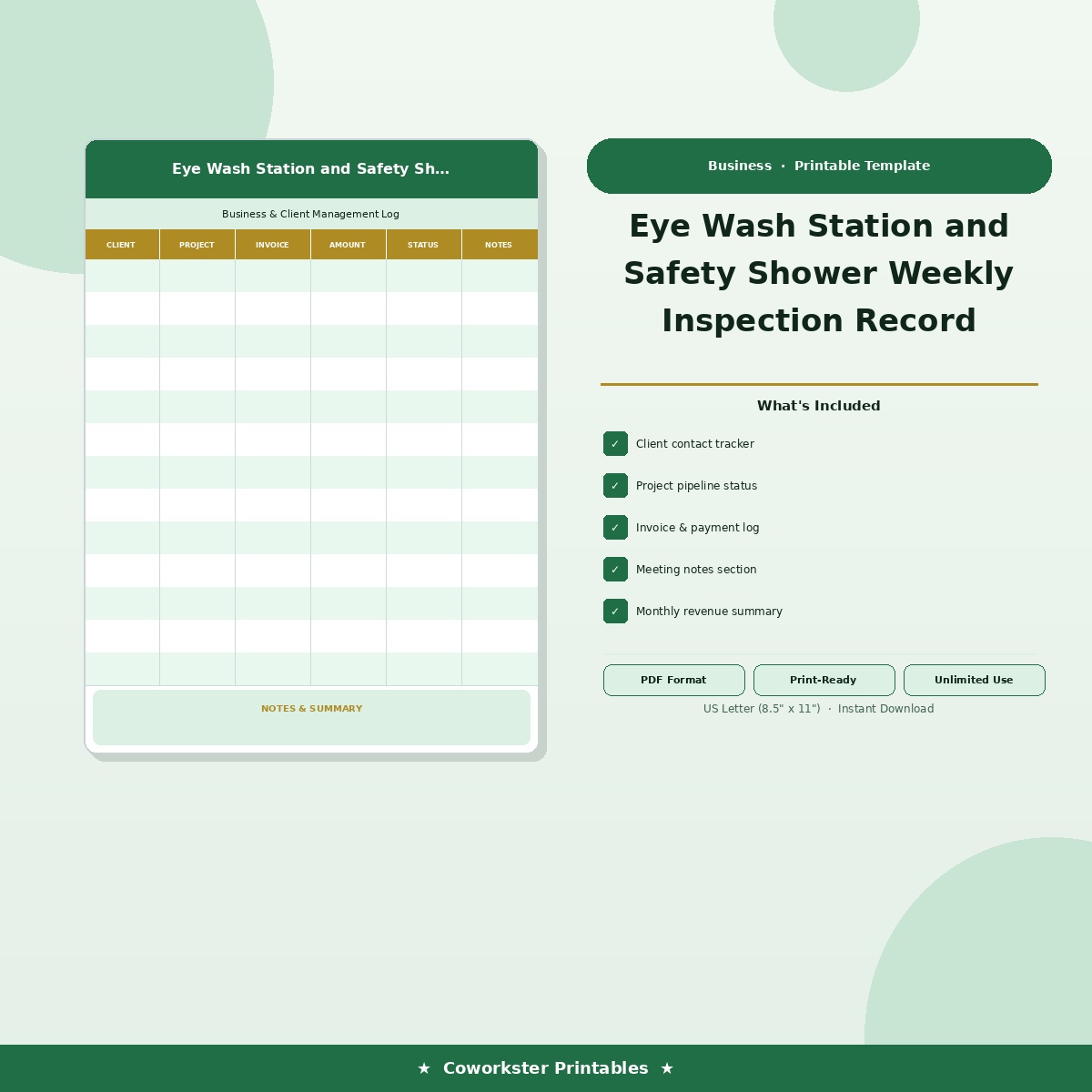 Eye Wash Station and Safety Shower Weekly Inspection Record