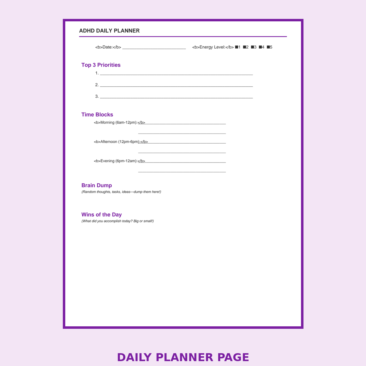 ADHD Daily Planner and Dopamine Menu Fillable PDF with Task Paralysis Breaker and Energy Tracker - Image 3