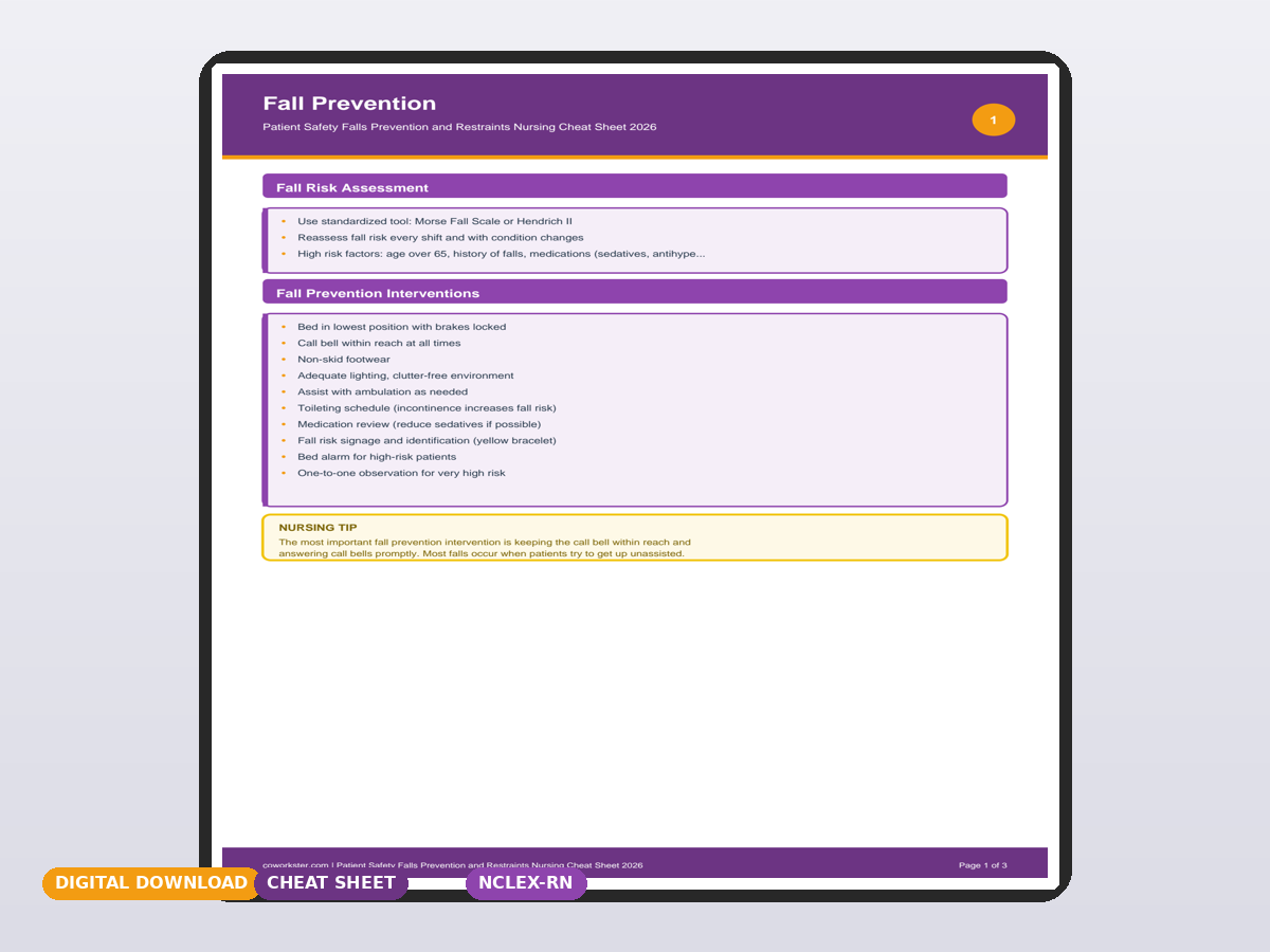 Patient Safety Falls Prevention and Restraints Nursing Cheat Sheet 2026 - Image 2
