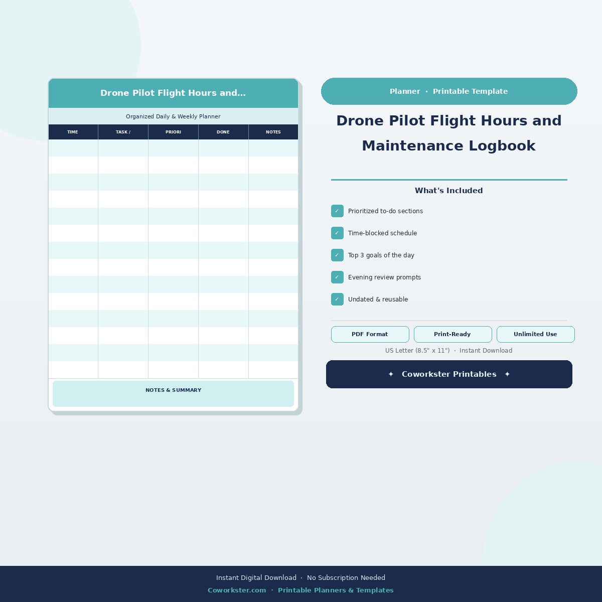 Drone Pilot Flight Hours and Maintenance Logbook | Coworkster