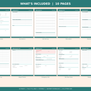 Fillable Pet Health Record Tracker PDF | Dog Cat Vet Visit Log Vaccination Medication | Pet Care Planner Printable