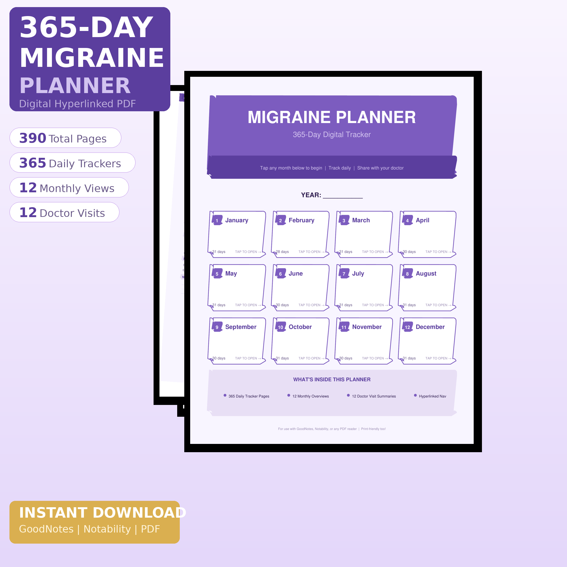 365-Day Migraine & Headache Planner – Digital PDF Tracker with Weather, Triggers & Medication Log