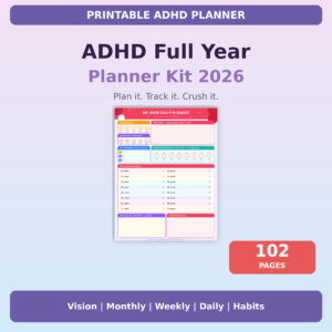 ADHD Full Year Planner Kit 2026 – Complete Annual Planning System | Monthly, Weekly & Daily Pages for Adults