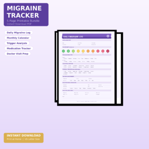 Migraine Tracker Bundle – 5-Page Printable PDF | Headache Log, Trigger Diary & Medication Record