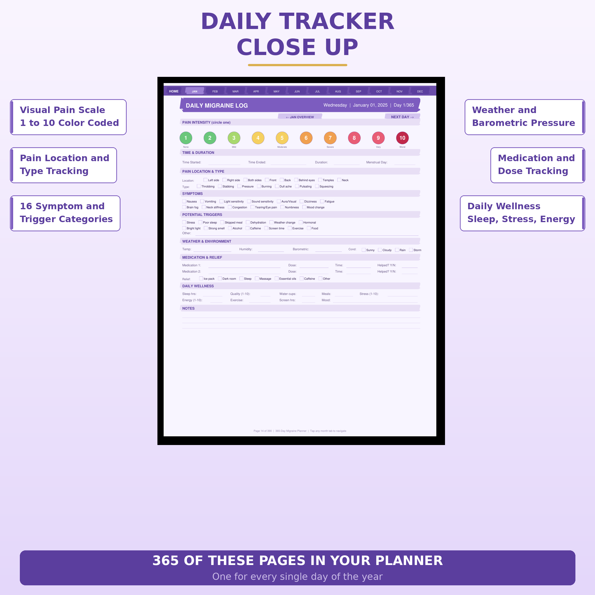365-Day Migraine & Headache Planner – Digital PDF Tracker with Weather, Triggers & Medication Log - Image 6