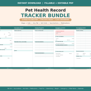 Fillable Pet Health Record Tracker PDF | Dog Cat Vet Visit Log Vaccination Medication | Pet Care Planner Printable