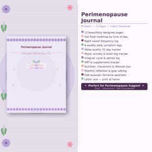 Perimenopause Symptom Tracker & Hormone Journal – Printable PDF | Hot Flash Log, Mood Diary & Cycle Tracker